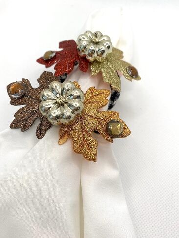 Fall Napkin Rings with Gold Metallic Pumpkin with Felt Glitter Leaves and Brown Beads - Set of 6 in Saudi Arabia
