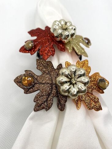 Fall Napkin Rings with Gold Metallic Pumpkin with Felt Glitter Leaves and Brown Beads - Set of 6 in Saudi Arabia