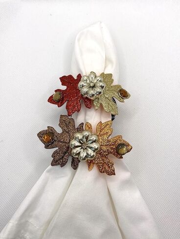 Fall Napkin Rings with Gold Metallic Pumpkin with Felt Glitter Leaves and Brown Beads - Set of 6 in Saudi Arabia