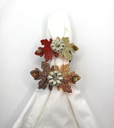Fall Napkin Rings with Gold Metallic Pumpkin with Felt Glitter Leaves and Brown Beads - Set of 6 in Saudi Arabia