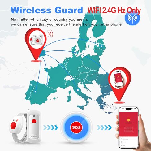 أنظمة تنبيه حياة مقدمي الرعاية لكبار السن لا توجد رسوم شهرية للسيطرة على تطبيق Wi-Fi App Colling Coll Call Call Button Panic Alarm for 1 Call Button 1 Watch 1 Receiver (يدعم فقط 2.4 جيجا هرتز Wi-Fi) in Kuwait