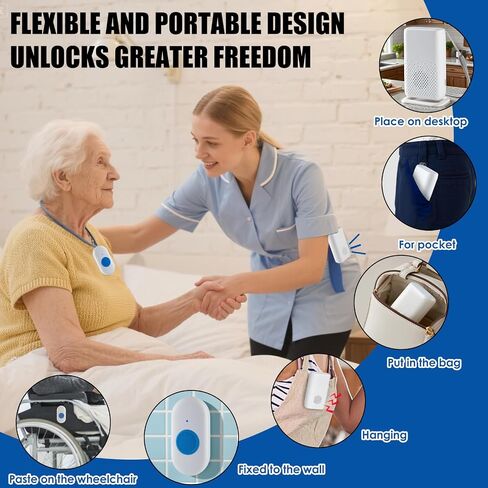 Wireless Caregiver Pager with USB Recharging, Medical Alert System for Seniors with Melodies, Vibration and LED Flash, 1 Portable Receiver & 1 Waterproof SOS Button for Patient and Elderly Monitoring in Kuwait