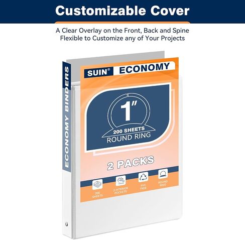 Suin Economy 1 بوصة 3 حلقات ، غطاء عرض واضح قابل للتخصيص ، لحجم الرسالة لنا 8-1/2 × 11 '' ، مثالي للمكتب/المدرسة (أبيض-12 عبوة) in Kuwait