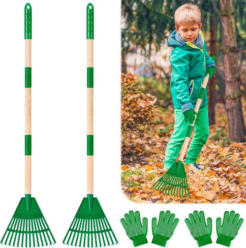 2 Pcs 35'' Kids Rakes for Leaves - Plastic Rake Head with 2 Pairs Kids Gloves, Small Kids Lawn Rakes Detachable Wooden Handle, Autumn Garden Tool Set for Kids Boys and Girls, Green, 3yr+ in Saudi Arabia