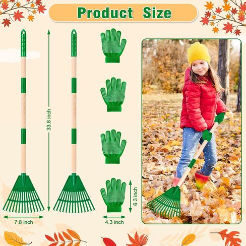 2 Pcs 35'' Kids Rakes for Leaves - Plastic Rake Head with 2 Pairs Kids Gloves, Small Kids Lawn Rakes Detachable Wooden Handle, Autumn Garden Tool Set for Kids Boys and Girls, Green, 3yr+ in Saudi Arabia