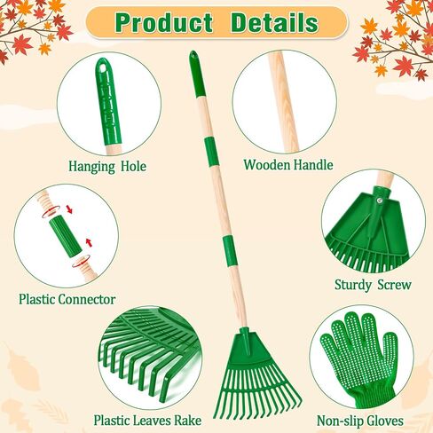 2 Pcs 35'' Kids Rakes for Leaves - Plastic Rake Head with 2 Pairs Kids Gloves, Small Kids Lawn Rakes Detachable Wooden Handle, Autumn Garden Tool Set for Kids Boys and Girls, Green, 3yr+ in Saudi Arabia
