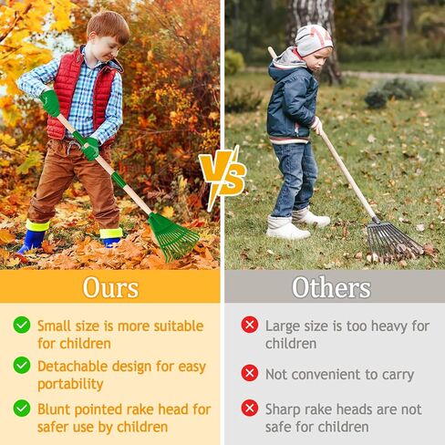 2 Pcs 35'' Kids Rakes for Leaves - Plastic Rake Head with 2 Pairs Kids Gloves, Small Kids Lawn Rakes Detachable Wooden Handle, Autumn Garden Tool Set for Kids Boys and Girls, Green, 3yr+ in Saudi Arabia