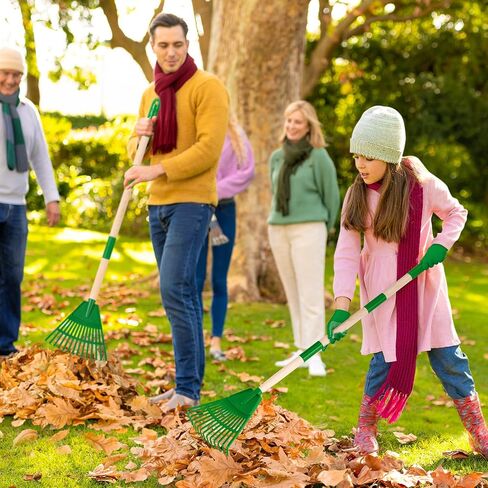 2 Pcs 35'' Kids Rakes for Leaves - Plastic Rake Head with 2 Pairs Kids Gloves, Small Kids Lawn Rakes Detachable Wooden Handle, Autumn Garden Tool Set for Kids Boys and Girls, Green, 3yr+ in Saudi Arabia