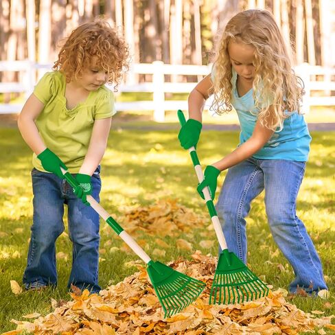 2 Pcs 35'' Kids Rakes for Leaves - Plastic Rake Head with 2 Pairs Kids Gloves, Small Kids Lawn Rakes Detachable Wooden Handle, Autumn Garden Tool Set for Kids Boys and Girls, Green, 3yr+ in Saudi Arabia