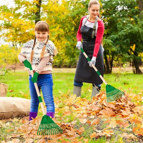 2 Pcs 35'' Kids Rakes for Leaves - Plastic Rake Head with 2 Pairs Kids Gloves, Small Kids Lawn Rakes Detachable Wooden Handle, Autumn Garden Tool Set for Kids Boys and Girls, Green, 3yr+ in Saudi Arabia