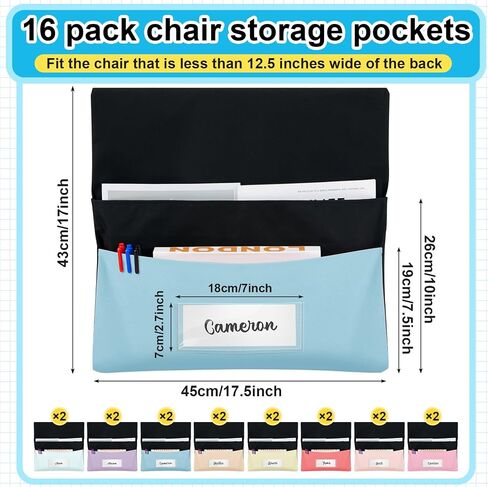 16 PCS CLASSHOM CHAIR MOICTS 18 × 19 بوصة الأكياس المزدوجة جيوب كرسي للفصول الدراسية جيب تخزين المقعد الخلفي من أكياس المقاعد للطالب in Saudi Arabia