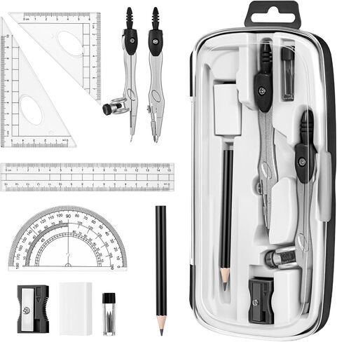 Zonon Math Geometry Set 10 PCS Supplies student with shatterproof Storage Box ، ويشمل الحكام المنقوض برفع القلم الرصاص قلم رصاص للقلم المحو لصياغة ورسومات (أسود) in Kuwait