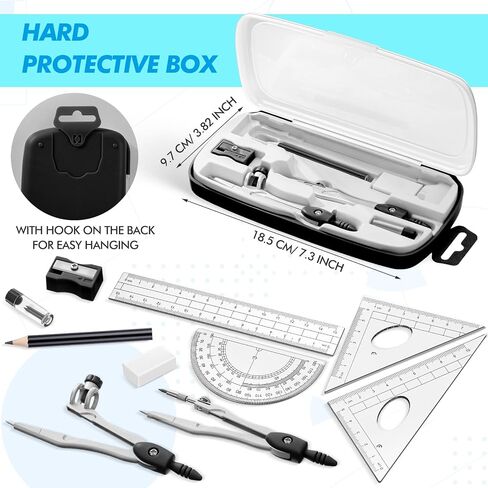 Zonon Math Geometry Set 10 PCS Supplies student with shatterproof Storage Box ، ويشمل الحكام المنقوض برفع القلم الرصاص قلم رصاص للقلم المحو لصياغة ورسومات (أسود) in Kuwait