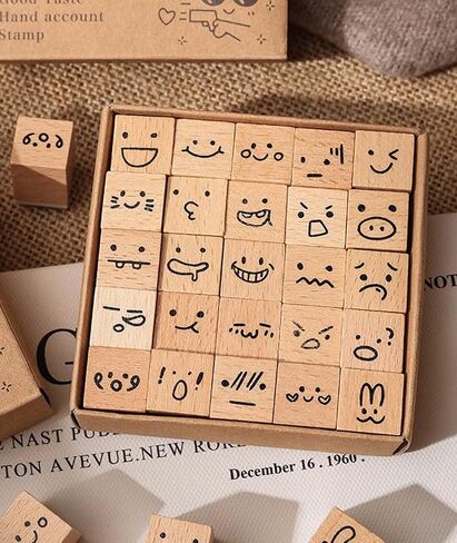 25pcs Mood Expression Wooden Rubber Stamps Kit, Cute Small Emoticon Theme Stamps for Decorative Diary Planner DIY Craft Scrapbook Card Making Letters Journal in Kuwait
