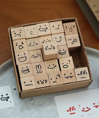25pcs Mood Expression Wooden Rubber Stamps Kit, Cute Small Emoticon Theme Stamps for Decorative Diary Planner DIY Craft Scrapbook Card Making Letters Journal in Kuwait