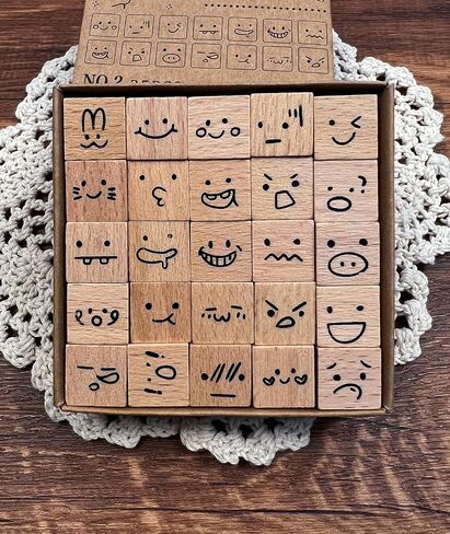 25pcs Mood Expression Wooden Rubber Stamps Kit, Cute Small Emoticon Theme Stamps for Decorative Diary Planner DIY Craft Scrapbook Card Making Letters Journal in Kuwait