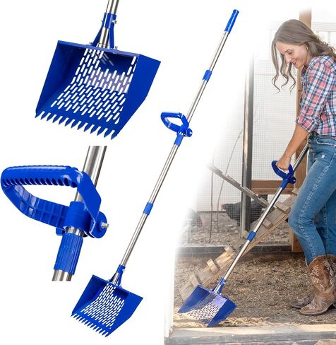 Chicken Poop Scooper for Sand, Litter, Coffee – Chicken Coop Scoop with Wide 10.2" Metal Head, Adjustable Handle to 74", Built-In Rake and Hook, Durable Support Brackets for Easy Cleaning in Saudi Arabia