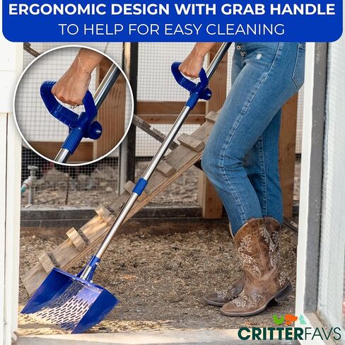 Chicken Poop Scooper for Sand, Litter, Coffee – Chicken Coop Scoop with Wide 10.2" Metal Head, Adjustable Handle to 74", Built-In Rake and Hook, Durable Support Brackets for Easy Cleaning in Saudi Arabia