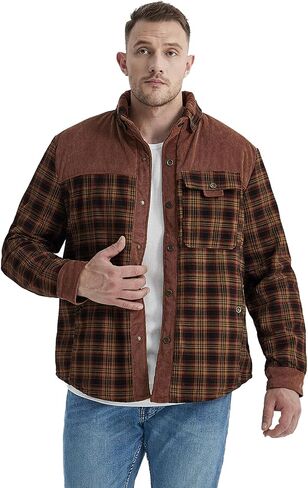 Eisctnd Men Outdoor Jacket Casual Fleece Sherpa Lined Flannel Plaid Button Down Shirt in Kuwait