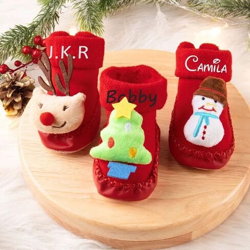 Personalized Baby Cute Christmas Socks, Custom 3D Cartoon Santa Slipper Shoes Socks Name Socks Non-Skid Winter Thick Floor Socks Gifts for Mom and Babies Kids Socks Infant Baby Socks in Saudi Arabia