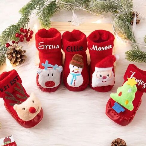 Personalized Baby Cute Christmas Socks, Custom 3D Cartoon Santa Slipper Shoes Socks Name Socks Non-Skid Winter Thick Floor Socks Gifts for Mom and Babies Kids Socks Infant Baby Socks in Saudi Arabia