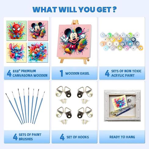 Fuinkqe 4 Packs Cartoon Paint by Numbers Kits for Kids Framed,Paint by Numbers for Girls Ages 8-12 with Framed Canvas and Wooden Easel,Paint by Numbers for Kids with Nice Boxs for Gifts 8X8 Inch in Saudi Arabia