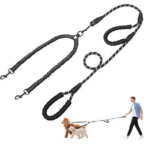 Double Dog Leash, Dual Dog Leash, 360° Swivel No Tangle Lead for 2 Medium or Large Breeds with Sponge Padded Handles, Heavy Duty Shock Absorbing Bungee for Walking Jogging Hiking, Black in Kuwait