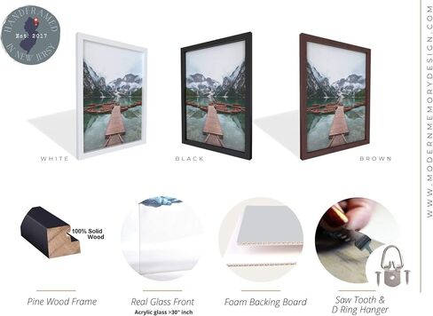 42x8 Black Picture Frames - Ready to Hang Solid Pine Wood Poster Frame - Photo Frame Polished Glass Front Clear Plexiglass Display Photograph - Hanging Hardware Included - Home wall Decor - 42 x 8 in Kuwait