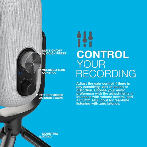 JLab Epic Talk USB Microphone, Black, USB-C Output, Cardioid, Omni, Stereo, and Bi-Directional, 192k Sample Rate, Volume Control, Gain Control, and Quick Mute, 3.5mm AUX, Plug and Play in Saudi Arabia