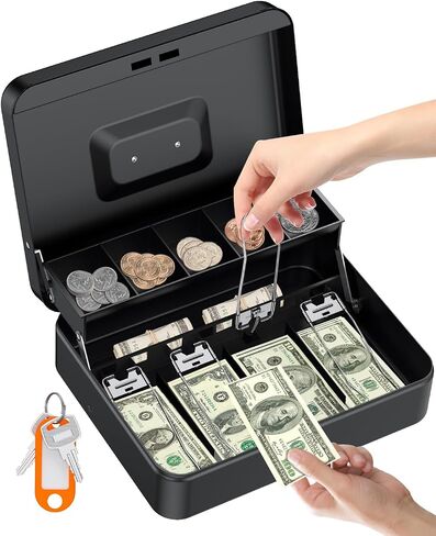صندوق Uniclife Cash Box مع صينية وقفل نقود ، صندوق أموال كبير للتسجيل النقدي ، صندوق قفل المعادن الآمن مع المفتاح ، صندوق توفير المال المحمول ، درج أموال معدنية أسود ، 11.9 "× 9" × 3.7 " in Saudi Arabia
