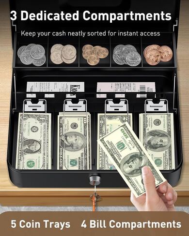 صندوق Uniclife Cash Box مع صينية وقفل نقود ، صندوق أموال كبير للتسجيل النقدي ، صندوق قفل المعادن الآمن مع المفتاح ، صندوق توفير المال المحمول ، درج أموال معدنية أسود ، 11.9 "× 9" × 3.7 " in Saudi Arabia