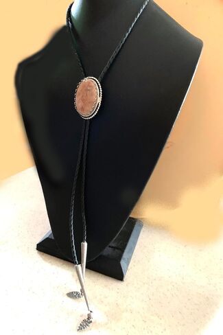 This Bolo Tie Has a Butterfly Jasper Stone Set in a Silver Tone Bezel with a Black Leather Cord and PewterTips. in Saudi Arabia