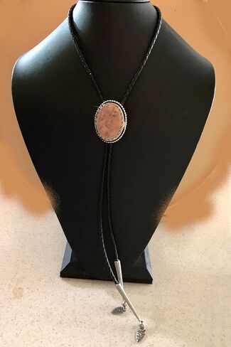This Bolo Tie Has a Butterfly Jasper Stone Set in a Silver Tone Bezel with a Black Leather Cord and PewterTips. in Saudi Arabia