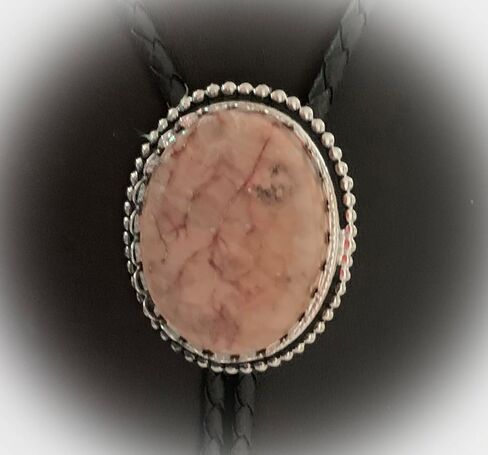 This Bolo Tie Has a Butterfly Jasper Stone Set in a Silver Tone Bezel with a Black Leather Cord and PewterTips. in Saudi Arabia