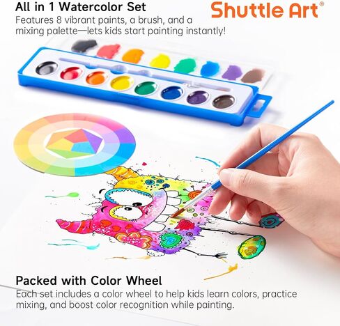Shuttle Art 8 Colors Watercolor Paint Set, 24 Pack with Paint Brushes & Color Wheels, Washable for Kids & Adults, Suitable for Classroom, Parties, Kindergarten & Art Activities in Saudi Arabia