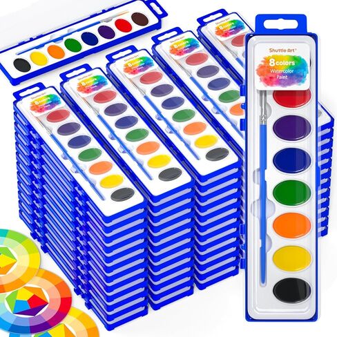 Shuttle Art 8 Colors Watercolor Paint Set, 24 Pack with Paint Brushes & Color Wheels, Washable for Kids & Adults, Suitable for Classroom, Parties, Kindergarten & Art Activities in Saudi Arabia