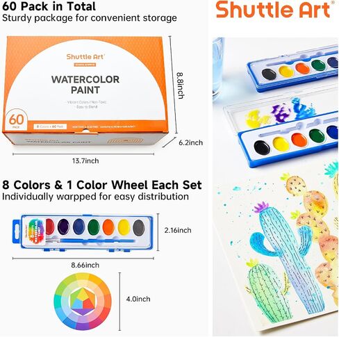 Shuttle Art 8 Colors Watercolor Paint Set, 24 Pack with Paint Brushes & Color Wheels, Washable for Kids & Adults, Suitable for Classroom, Parties, Kindergarten & Art Activities in Saudi Arabia