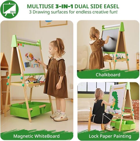 Art Easel for Kids تتراوح أعمارهم بين 2-4 4-8 ، طفل صغير مع 3 لفائف ورقية ولوحة بيضاء مغناطيسية وأطفال من الفنون الخشبية القابلة للتعديل مع الأطفال الصغار 2،3،4،5،6،7،8،9،10 سنة الأولاد والبنات ، الأخضر in Kuwait