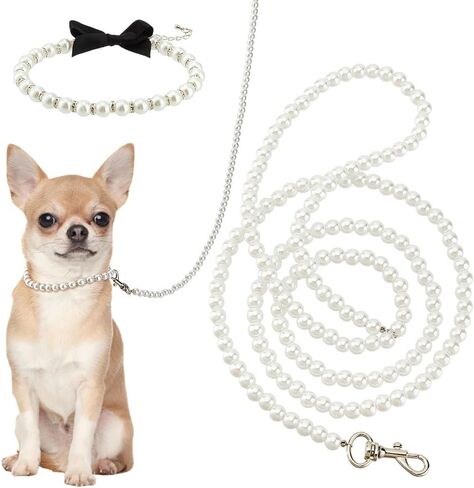 Mayjoydiy White Pearl Necklace Collar و Peraded Hoveh for Dog Pet Cat Set ، 47.2 بوصة تمديد مقود مضغ بودز مع سبائك متوسطة ومتوسطة صغيرة من الكلاب الأليفة in Saudi Arabia
