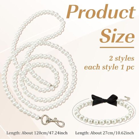 Mayjoydiy White Pearl Necklace Collar و Peraded Hoveh for Dog Pet Cat Set ، 47.2 بوصة تمديد مقود مضغ بودز مع سبائك متوسطة ومتوسطة صغيرة من الكلاب الأليفة in Saudi Arabia
