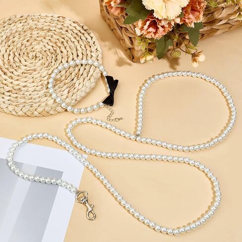 Mayjoydiy White Pearl Necklace Collar و Peraded Hoveh for Dog Pet Cat Set ، 47.2 بوصة تمديد مقود مضغ بودز مع سبائك متوسطة ومتوسطة صغيرة من الكلاب الأليفة in Saudi Arabia