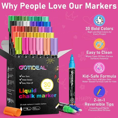 GOTIDEAL Chalk Markers, 30 Colors Liquid Chalk Markers for Blackboard in Kuwait
