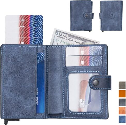 حامل بطاقة حظر RFID من الجلود الأصلية المصنوعة يدويًا محفظة جلدية صغيرة وصول سريع من المنبثقة عن بطاقة الائتمان Case Classion Flap Closure Wallet مع فتحات البطاقة وفتحات الهوية للرجال والنساء (البحرية) in Kuwait