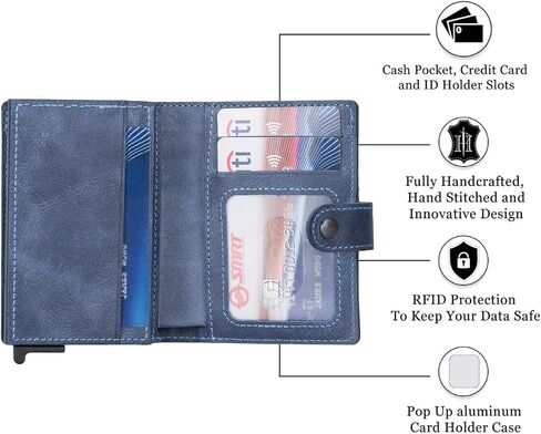 حامل بطاقة حظر RFID من الجلود الأصلية المصنوعة يدويًا محفظة جلدية صغيرة وصول سريع من المنبثقة عن بطاقة الائتمان Case Classion Flap Closure Wallet مع فتحات البطاقة وفتحات الهوية للرجال والنساء (البحرية) in Kuwait