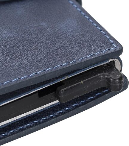 حامل بطاقة حظر RFID من الجلود الأصلية المصنوعة يدويًا محفظة جلدية صغيرة وصول سريع من المنبثقة عن بطاقة الائتمان Case Classion Flap Closure Wallet مع فتحات البطاقة وفتحات الهوية للرجال والنساء (البحرية) in Kuwait