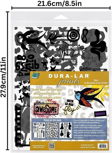 مطبوعات Grafix Dura-Lar-Sassy by Kassandra Louise Designs ، أفلام مطبوعة مسبقًا .005 "Clear و Matte 8.5" X11 "، والإضافات المثالية للمجلات ، والحرف الورقية ، ومشاريع الوسائط المختلطة ، وحزمة 6 أوراق in Kuwait