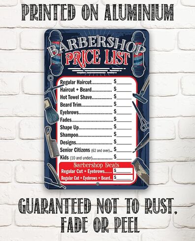 Barbershop Price List - Durable Metal Sign - Use Indoor/Outdoor - Makes a Great Barbershop Decor and Gift for Salon Business Owners - Great Barber Shop Accessories (12" x 18") in Saudi Arabia
