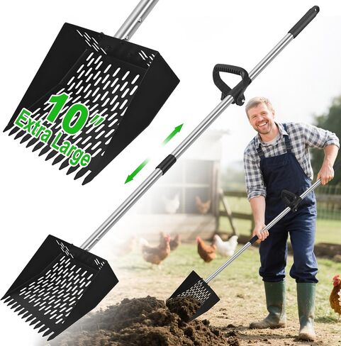 2-in-1 Chicken Poop Scooper & Rake - Adjustable Chicken Coop Scoop with Handle（39、53、67 in），Stainless Steel Shovel Head- Litter Scooper Sand & Sifting Shovel for Chicken Coops in Saudi Arabia