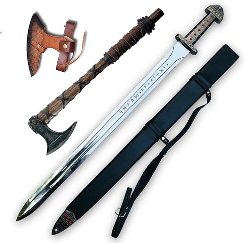 المظلم الظلام Lothbrok Sword & Ax Vikings Sword of Kings/Ragnar Sword مع Ax Bjorn Ironside Sword Sword Mediing Viord of Viking The Symbost of Kingship - Sword & Ax for Gift with Gover in Kuwait