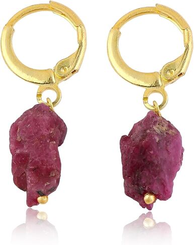 Raw Ruby Gemstone Hoop Earrings – Natural Crystal Stone Dangle Earrings for Women – Hypoallergenic Gold Plated Small Hoops – Handmade Lightweight Statement Jewelry (Ruby) in Saudi Arabia